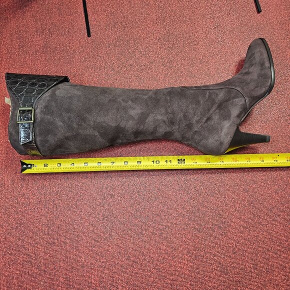 Max De Carlo Italian Knee-High Boots 7B Brown Suede & Leather Croc Embossed - Picture 9 of 11